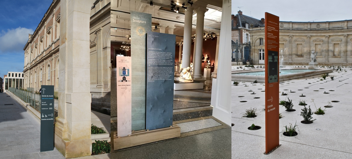 Composiste image showing three examples of wayfinding signage from the Picardie Museum of Amiens