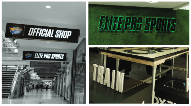 Composite image showing three different forms of signage as part of the Elite Pro Sports signage rebranding project by Visual Group
