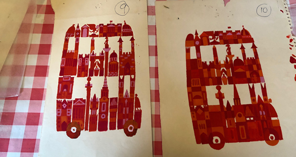 Iterations of a London bus sightseeing poster by Abram Games