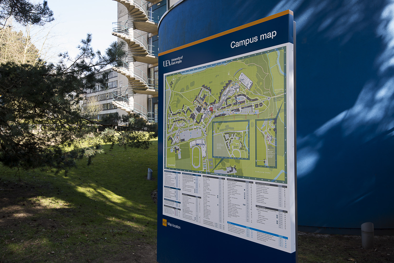 Example of outdoor wayfinding signage (showing UEA campus map) by ABG Design for the University of East Anglia