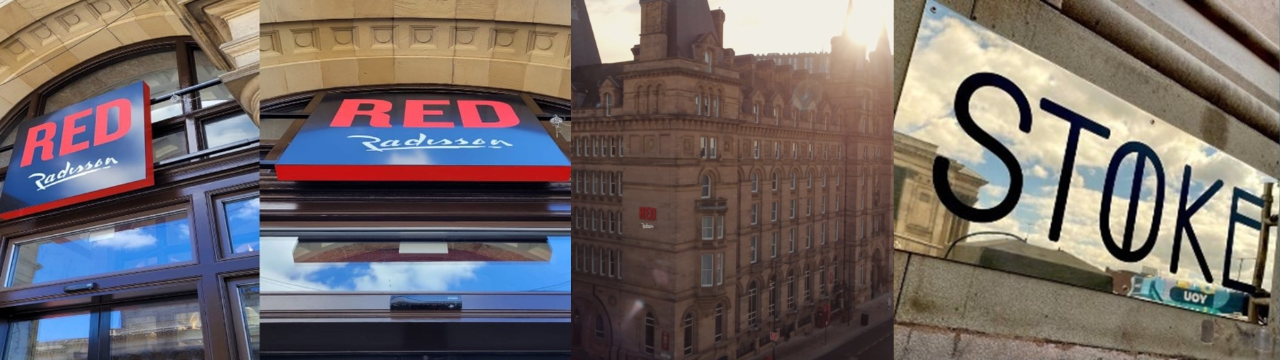Composite showing the Red Radisson Hotel Liverpool, one of the plaques and branding signage