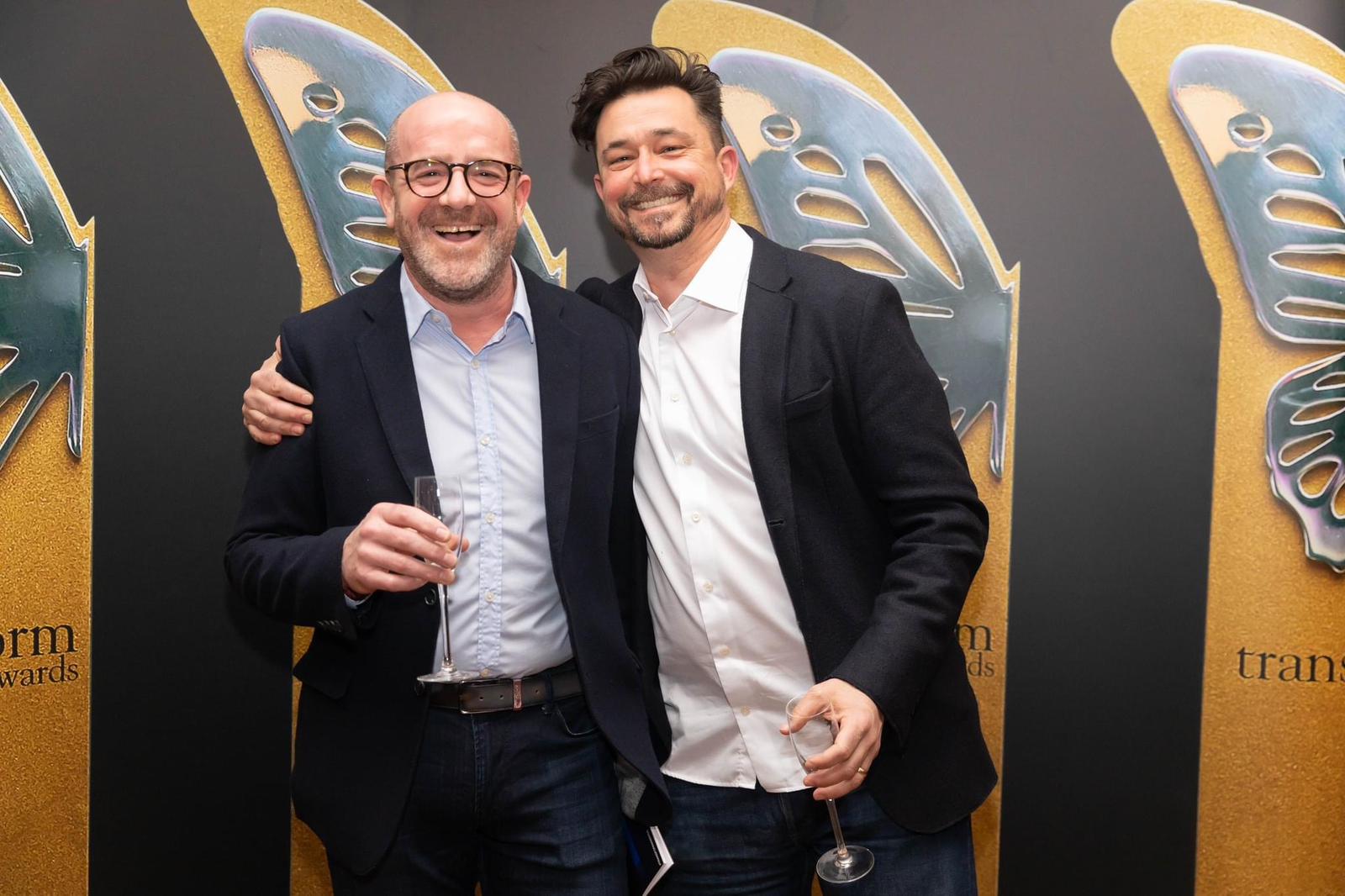 f.r.a. design studio's Jamie Trippier (left) and Wesley Meyer (right) celebrating after their Gold at Transform Awards Europe (22nd March '23) for their work on Borough Yards Southwark